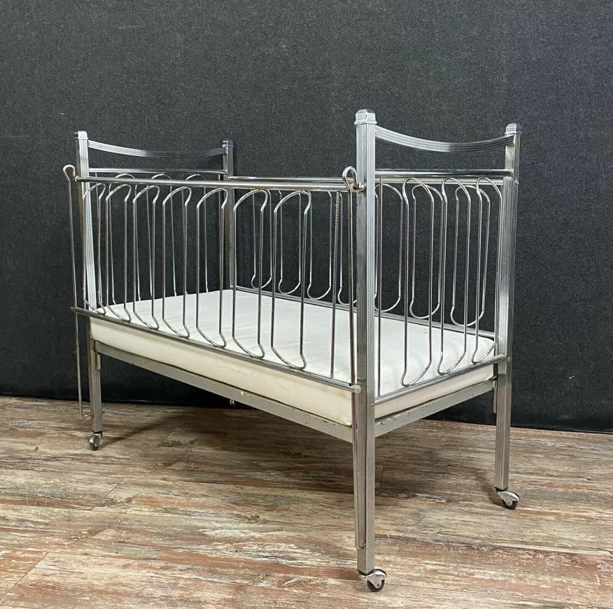 Rare Vintage Chrome Metal Maternity Cradle-photo-3