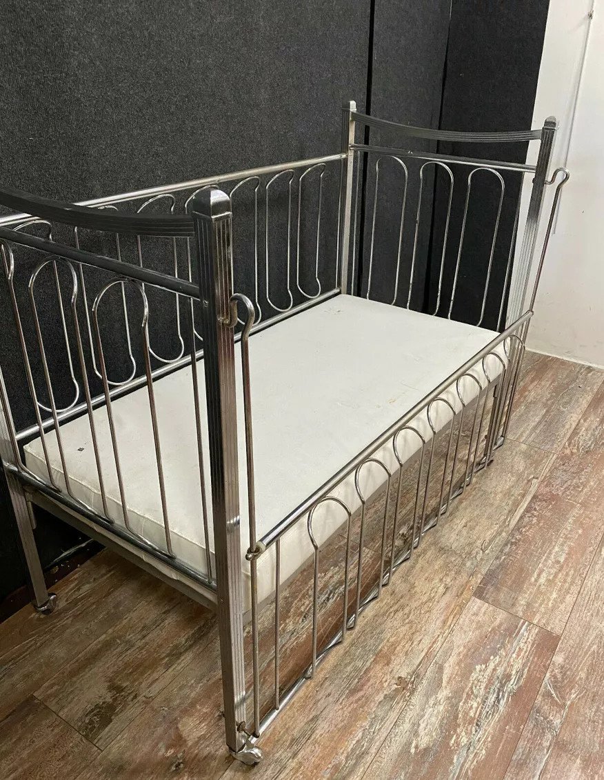 Rare Vintage Chrome Metal Maternity Cradle-photo-6