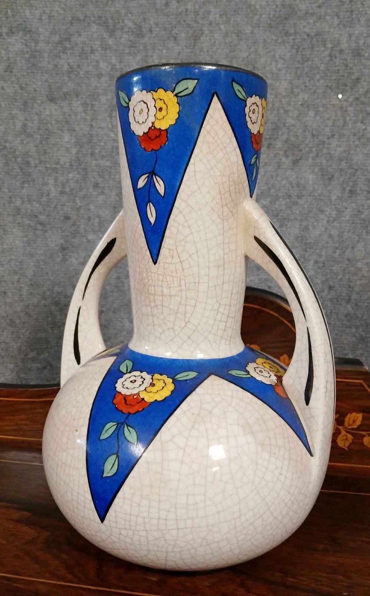 Art Deco Period Vase: Proof In Cracked Ceramic Decorated With Polychrome Stylized Motifs