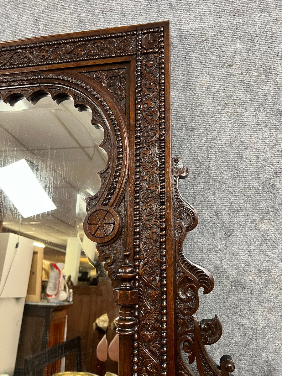 Syrie XIXe : Grand Miroir A Consoles En Bois Sculpté d'Arches Et Motifs Géométriques  -photo-4