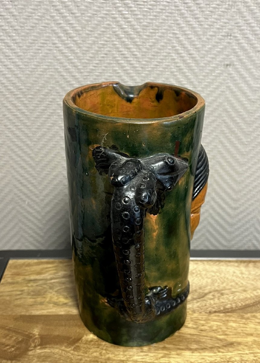 Large Enameled Terracotta Pitcher With An Asian Or Indian Face And A Salamander-photo-5