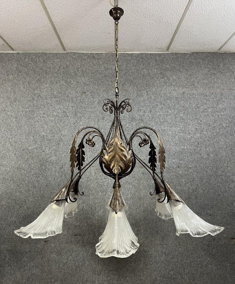 Monumental Art Deco Style Chandelier In Patinated Hammered Metal / Height 170 X 162 Cm  -photo-1