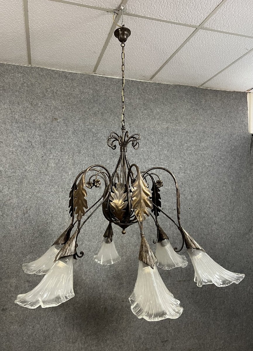  Monumental Art Deco Style Chandelier In Patinated Hammered Metal / Height 170 X 162 Cm  -photo-2