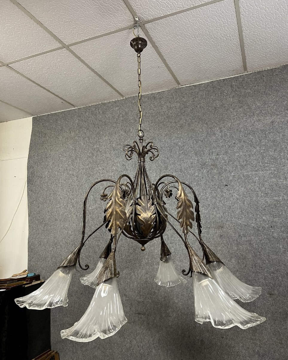  Monumental Art Deco Style Chandelier In Patinated Hammered Metal / Height 170 X 162 Cm  -photo-3