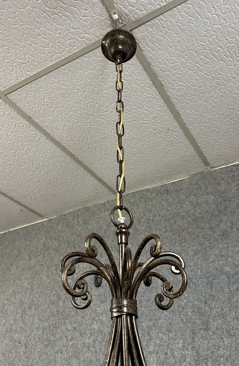  Monumental Art Deco Style Chandelier In Patinated Hammered Metal / Height 170 X 162 Cm  -photo-6
