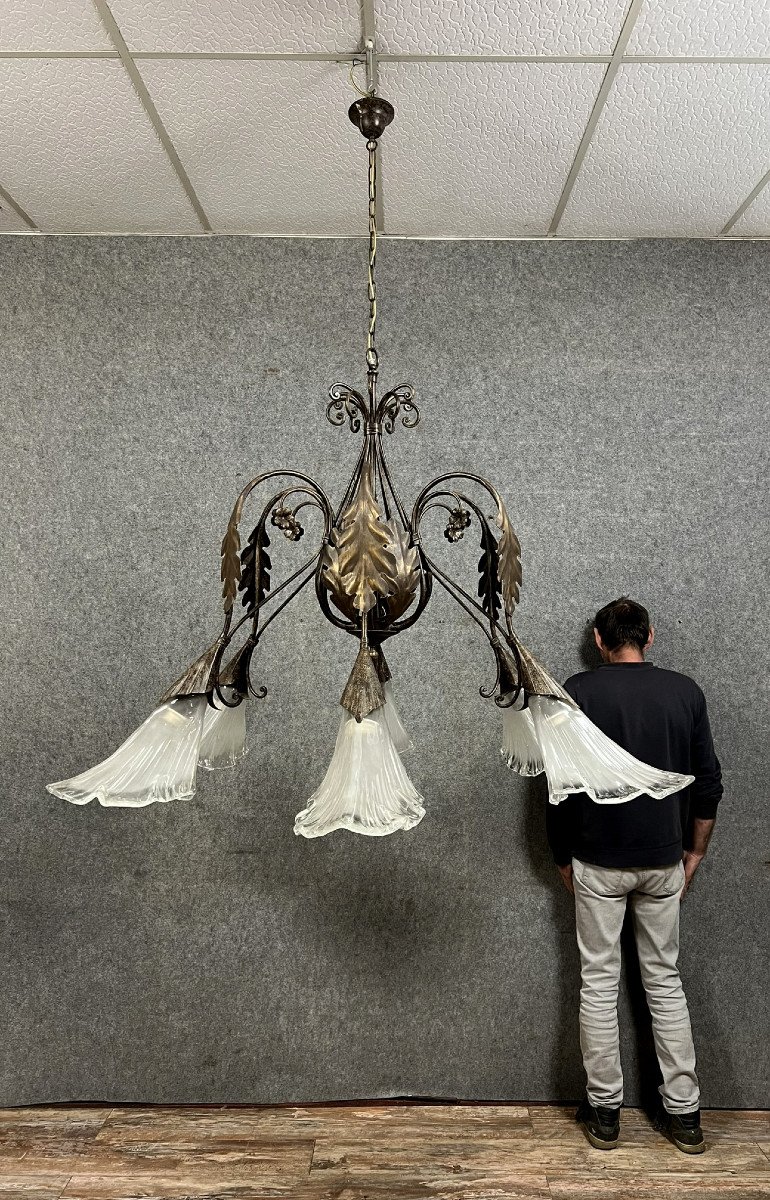  Monumental Art Deco Style Chandelier In Patinated Hammered Metal / Height 170 X 162 Cm  