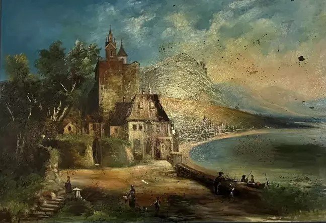Large Painting Fixed Under Glass Depicting A Lake View With The Alps In The Background (a)-photo-3