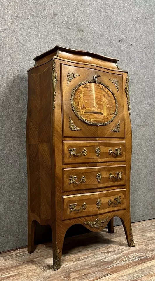 Louis XV Style Fully Curved Secretary In Precious Wood Marquetry Circa 1850-photo-1