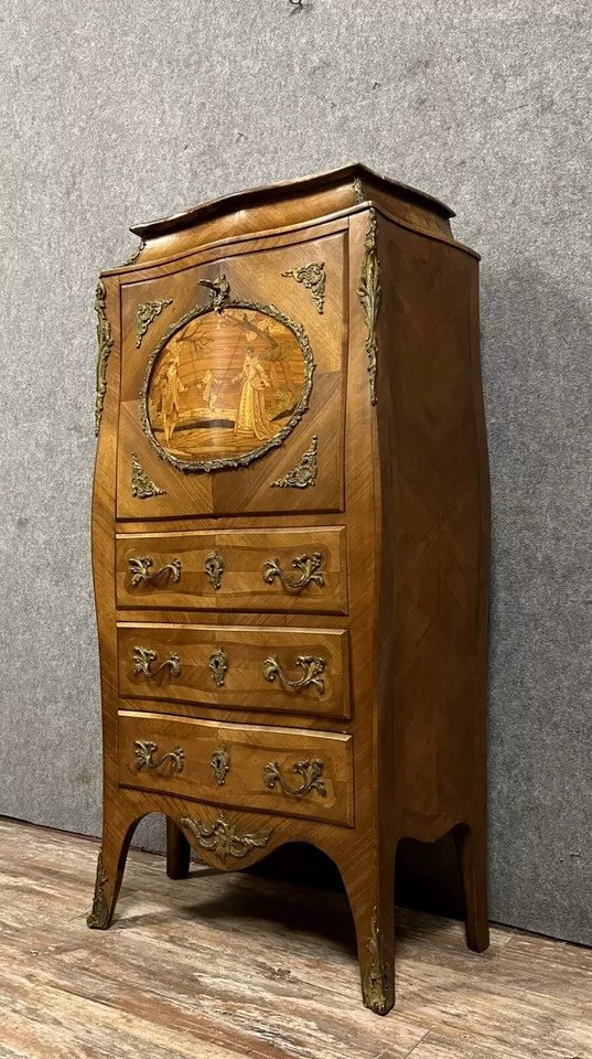 Louis XV Style Fully Curved Secretary In Precious Wood Marquetry Circa 1850-photo-2