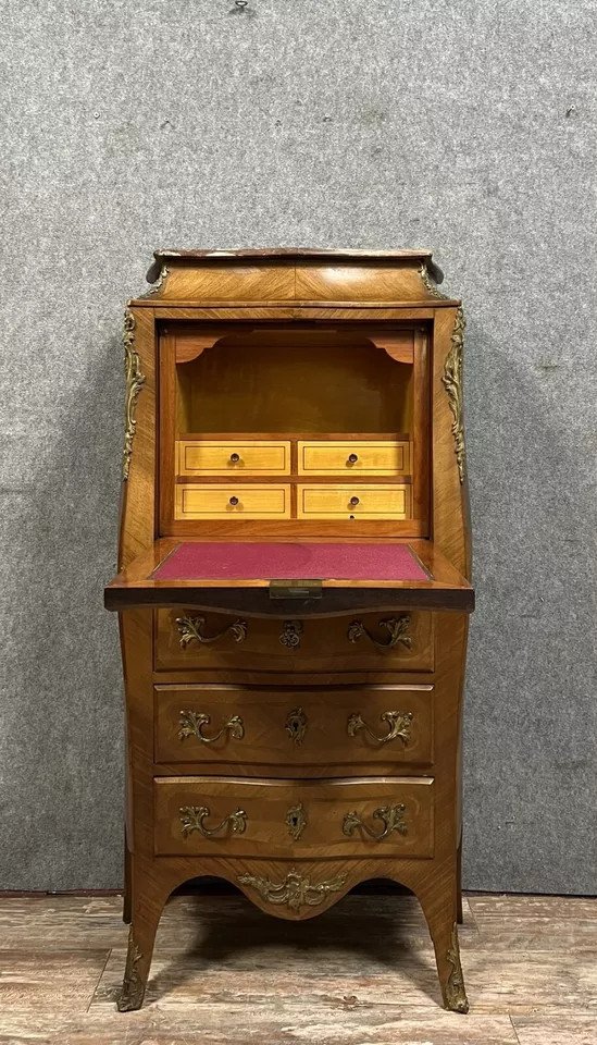 Louis XV Style Fully Curved Secretary In Precious Wood Marquetry Circa 1850-photo-4