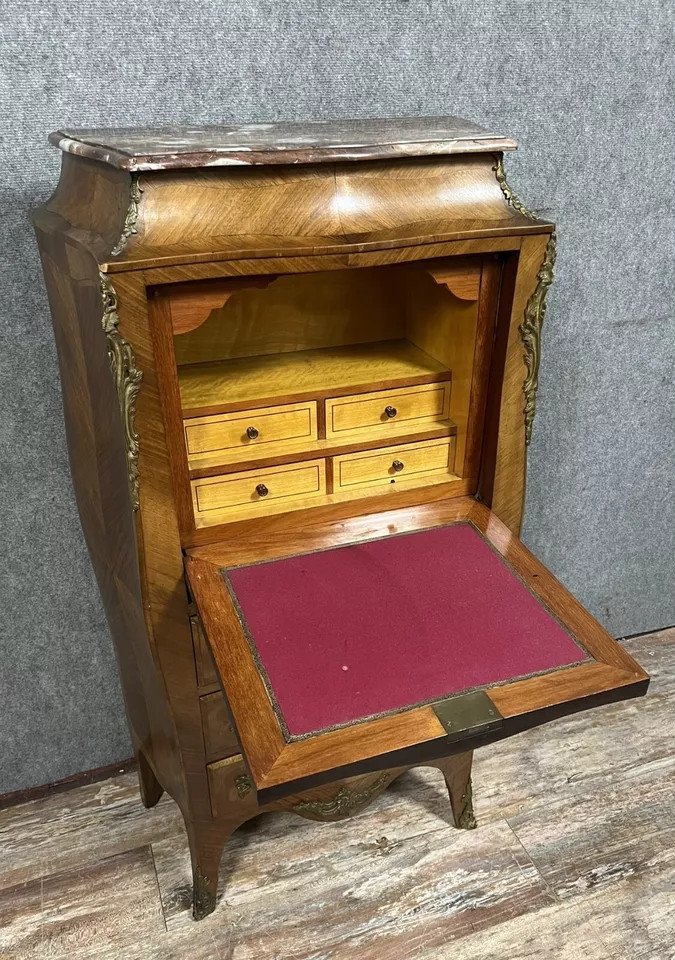 Louis XV Style Fully Curved Secretary In Precious Wood Marquetry Circa 1850-photo-5