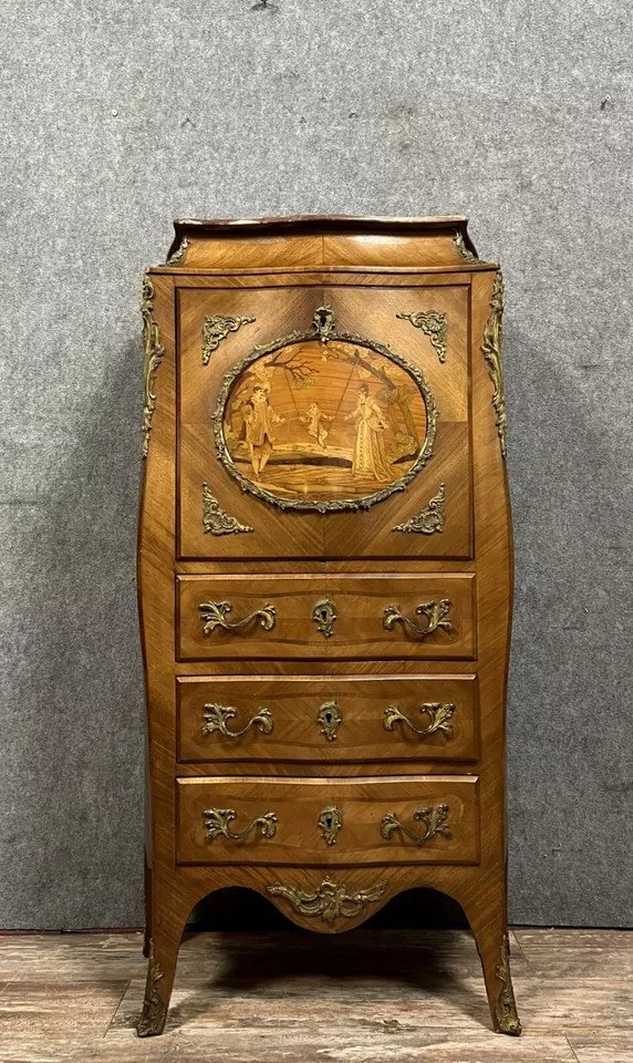Louis XV Style Fully Curved Secretary In Precious Wood Marquetry Circa 1850
