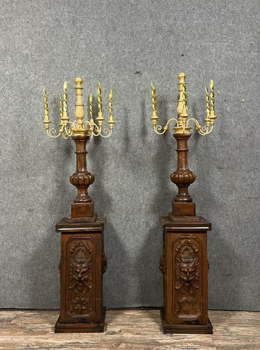 Rare Pair Of Very Large Torchieres In Terracotta And Gilded Wood / H178 Cm