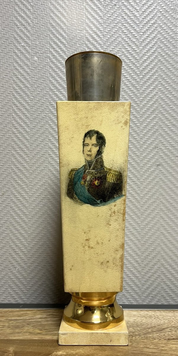Aldo Tura Italy 1950's: Luxurious Thermos In Parchment And Gilded Brass With The Image Of Bonaparte