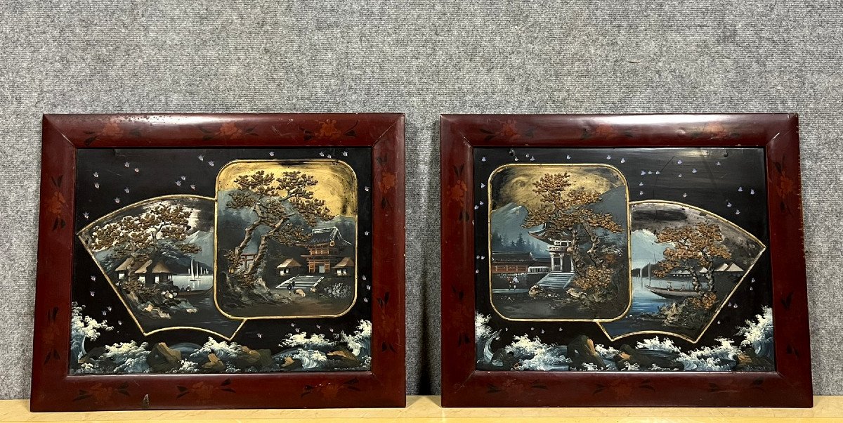 Japon - Début Du XXe Siècle : Paire De Grands Tableaux En Relief à Décor De Paysages -photo-2