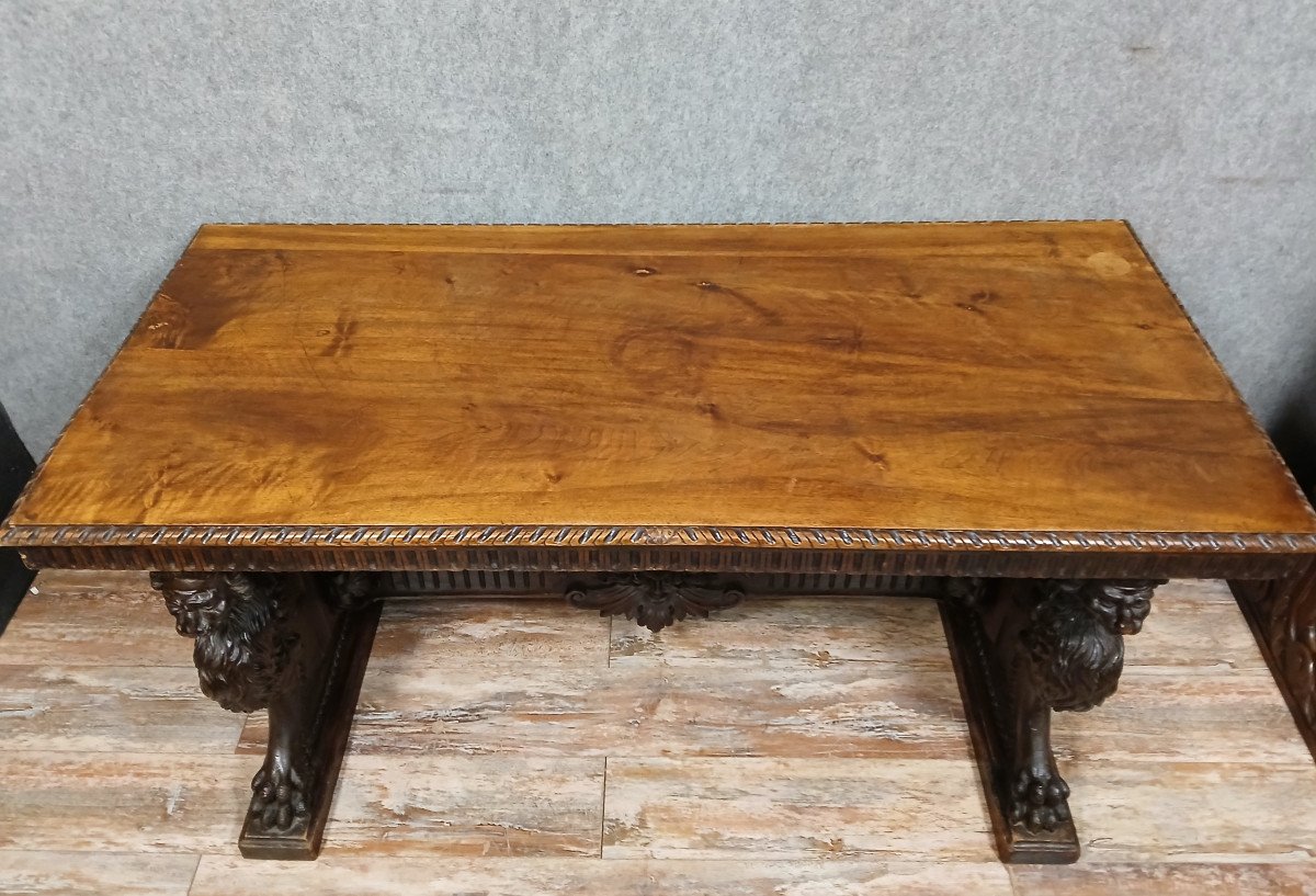 Italie XIXeme : Table Ou Bureau Style Renaissance En Noyer-photo-1
