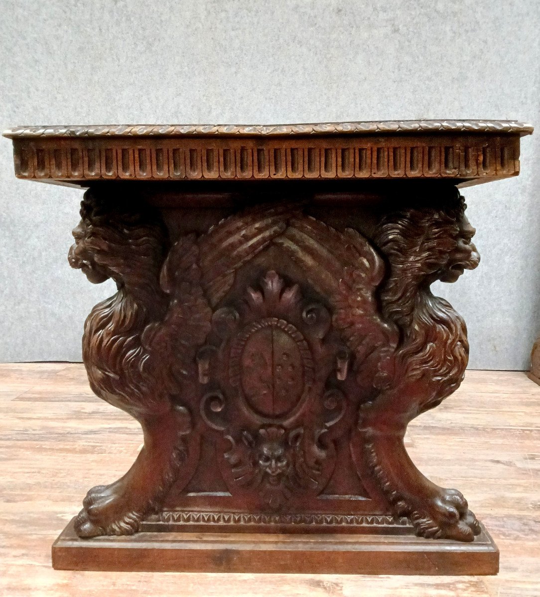 Italie XIXeme : Table Ou Bureau Style Renaissance En Noyer-photo-8