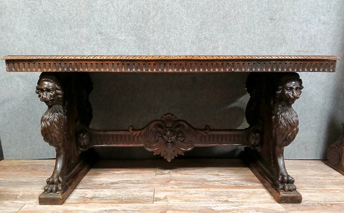 Italie XIXeme : Table Ou Bureau Style Renaissance En Noyer