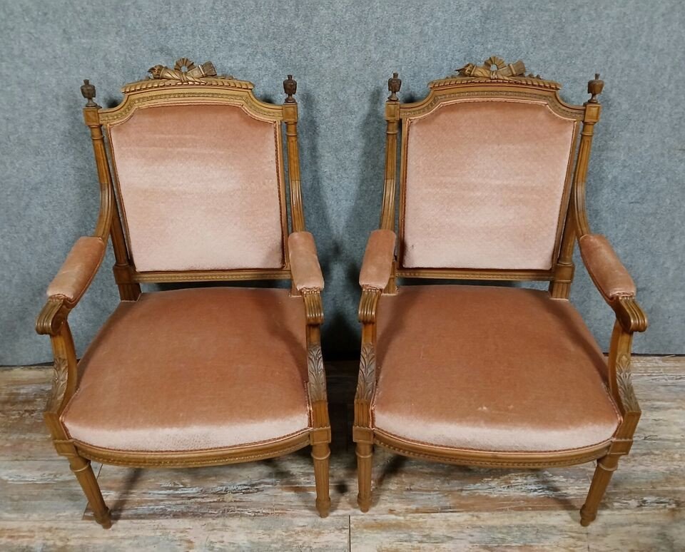 Pair Of Louis XVI Style Armchairs In Walnut Circa 1850