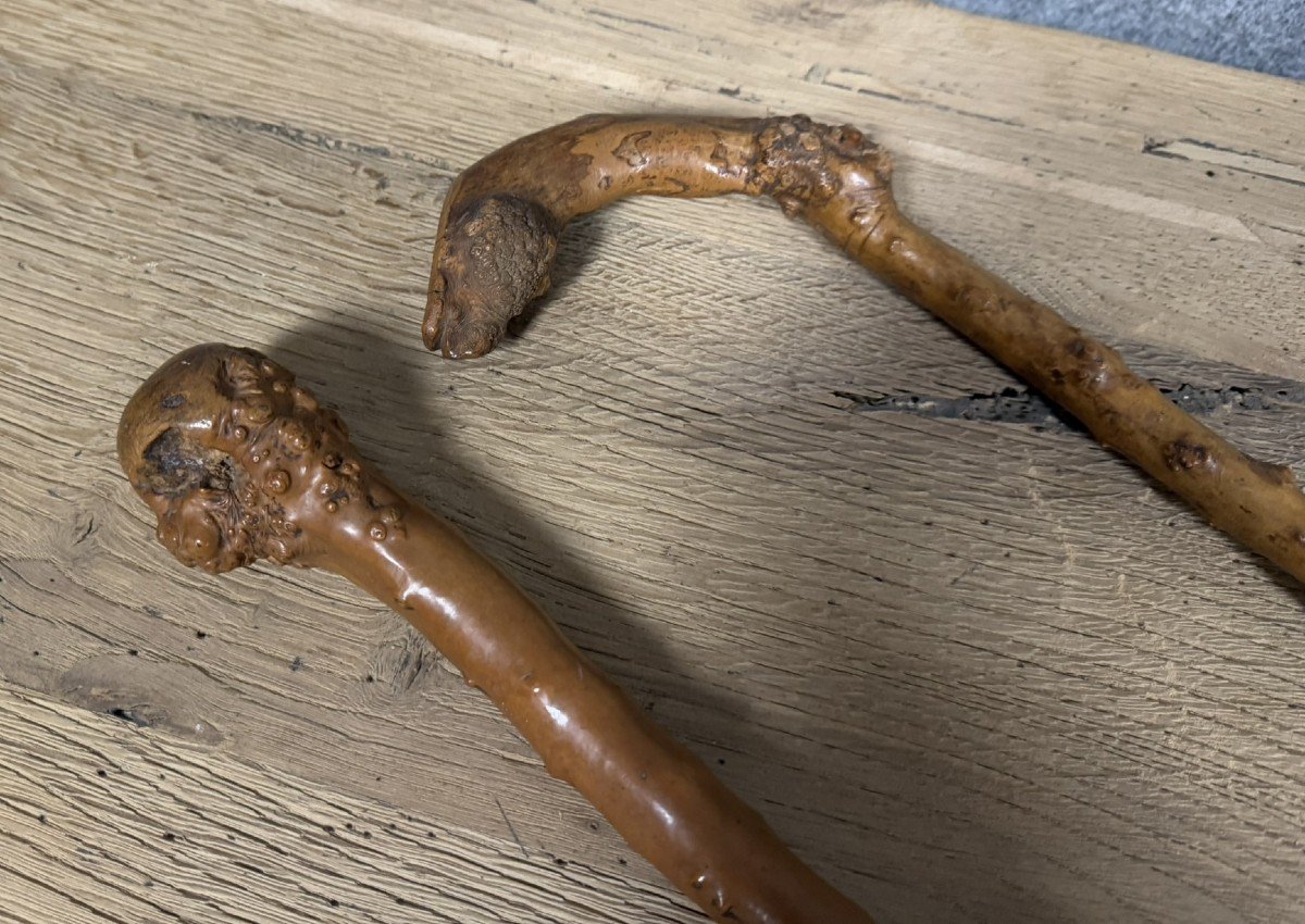 Folk Art: Two Carved Wooden Canes Or Walking Sticks -photo-3