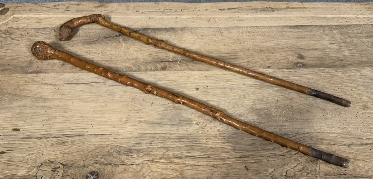 Folk Art: Two Carved Wooden Canes Or Walking Sticks 