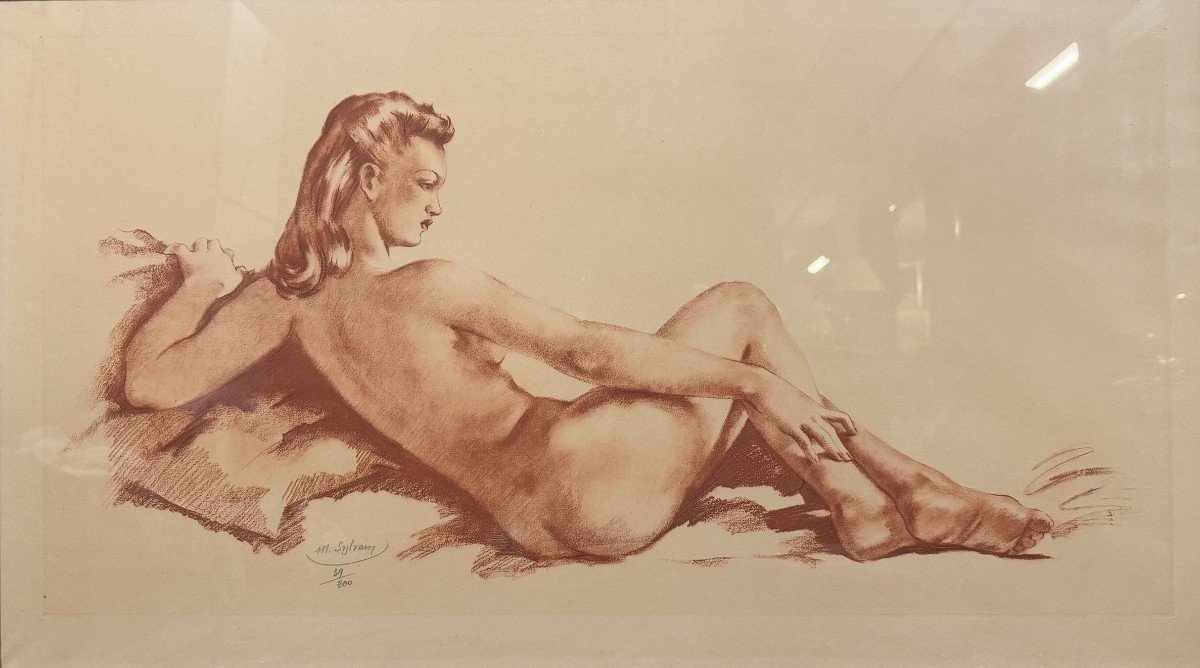 Painting / Nude By M.sylvain: Sanguine Art Deco Period Signed Circa 1940-photo-2