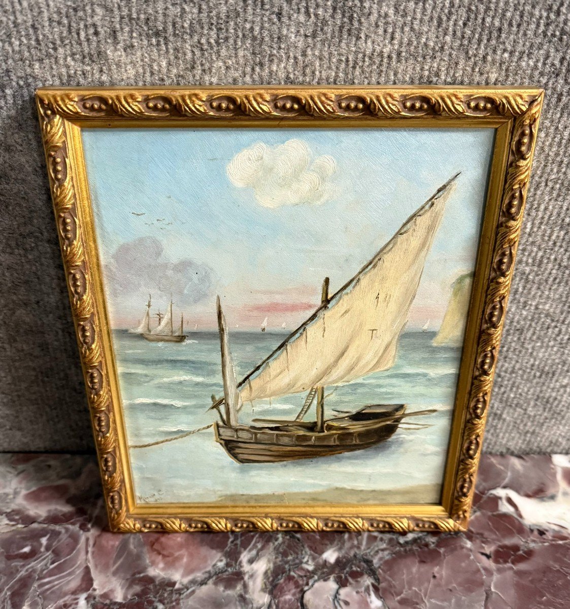 Marie C: Tableau Huile Sur Toile Marine Au Voilier époque Napoléon III-photo-3