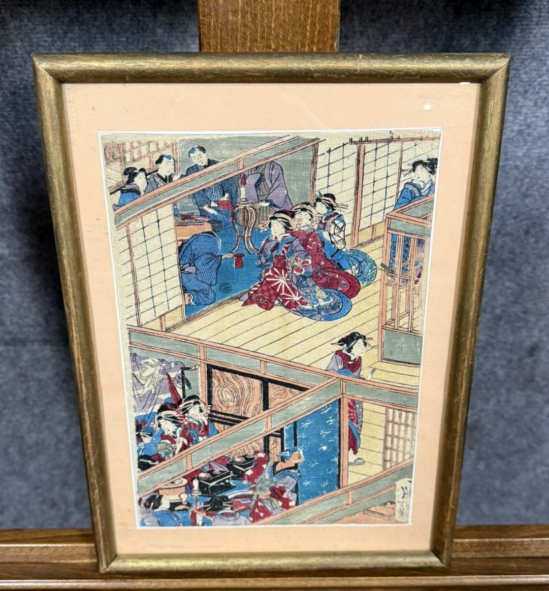 Japan Circa 1900: Painting On Fabric Depicting An Animated Scene-photo-3
