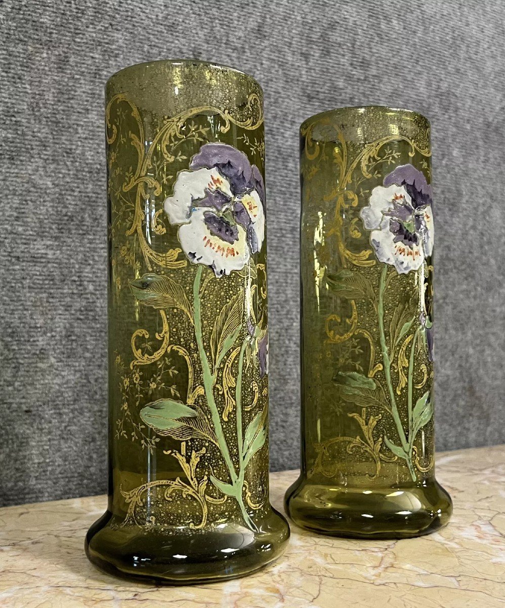 Paire De Vases Rouleau En Verre &eacute;maill&eacute; &agrave; D&eacute;cor De Fleurs (pens&eacute;es)-photo-1