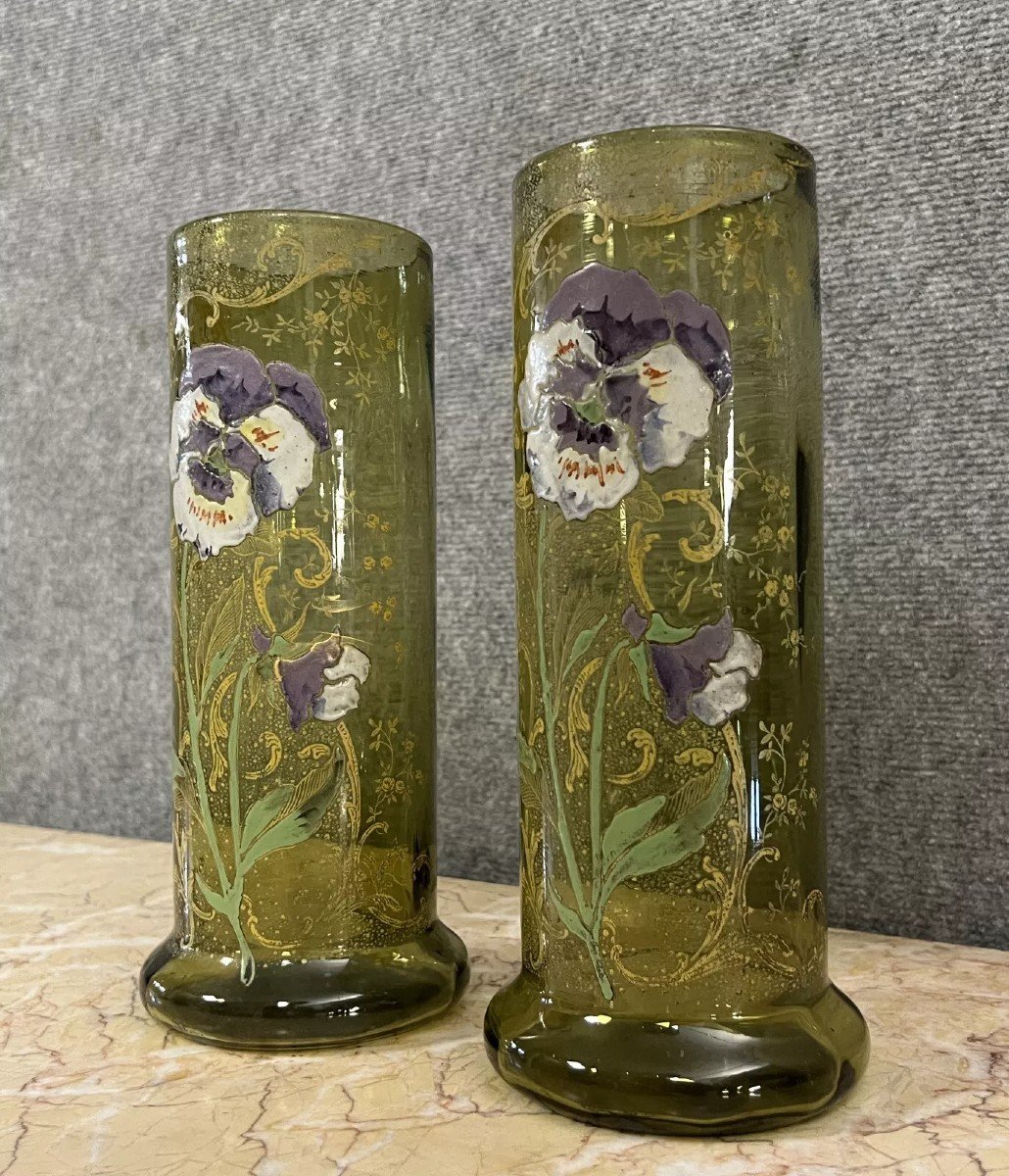 Paire De Vases Rouleau En Verre &eacute;maill&eacute; &agrave; D&eacute;cor De Fleurs (pens&eacute;es)-photo-2