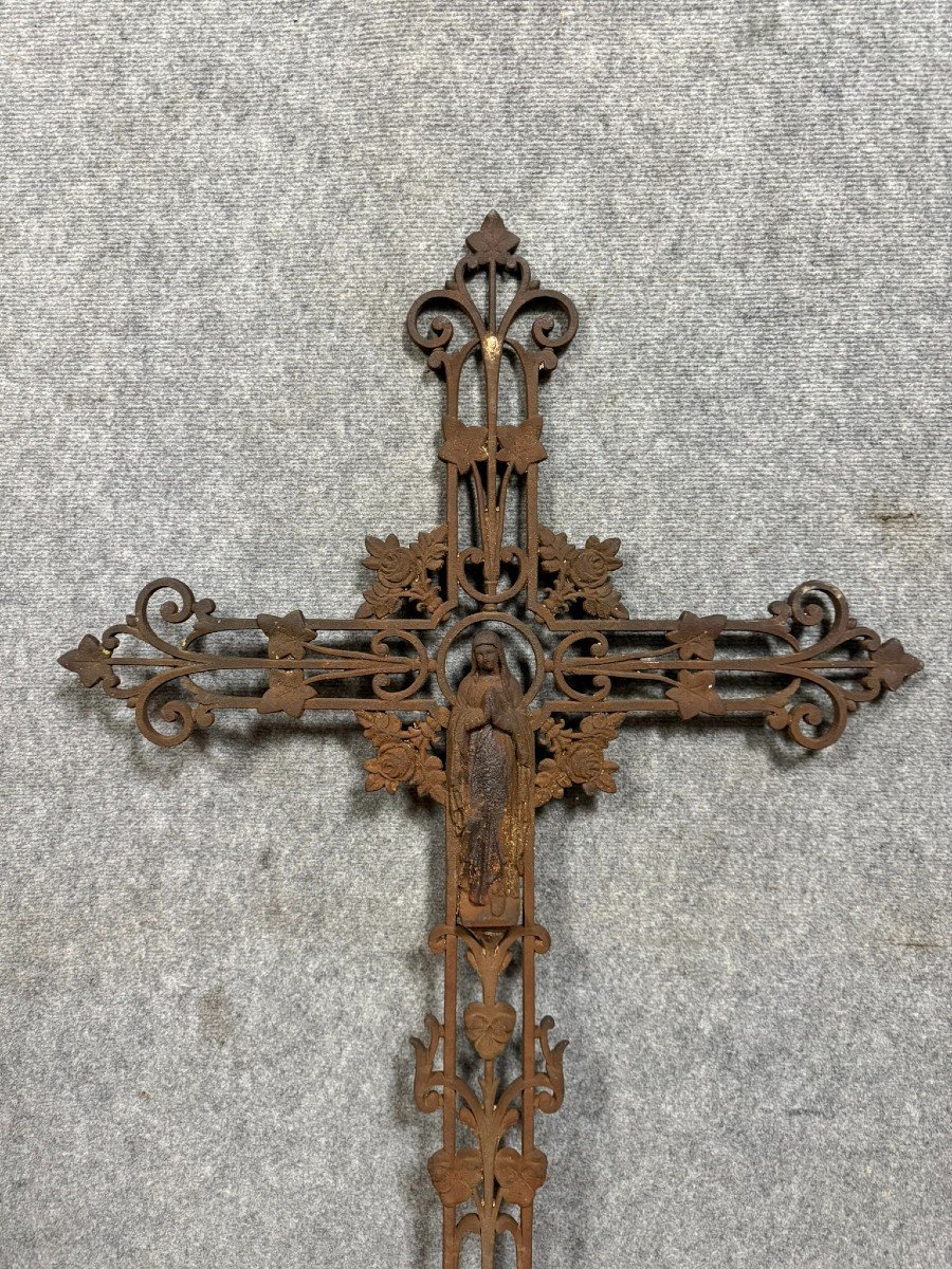 Importante Croix De Calvaire époque Napoléon III En Fonte Sommée De La Vierge En Prière-photo-3