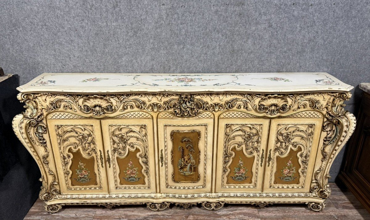 Louis XV Baroque Venetian Curved Sideboard In Lacquered, Painted And Gilded Wood -photo-1
