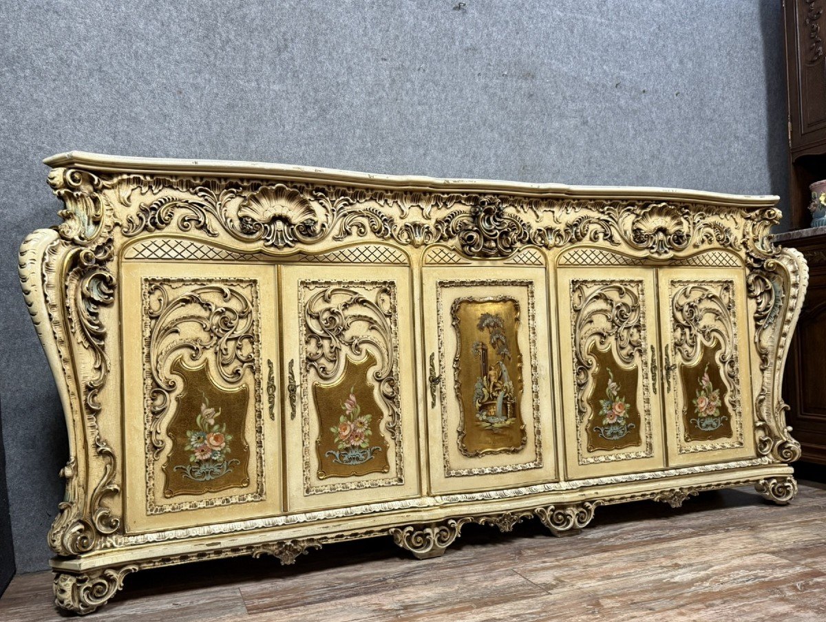 Louis XV Baroque Venetian Curved Sideboard In Lacquered, Painted And Gilded Wood -photo-3