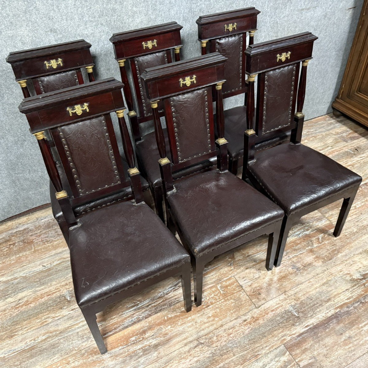 Set Of 6 Empire Chairs In Mahogany And Gilded Bronze-photo-2