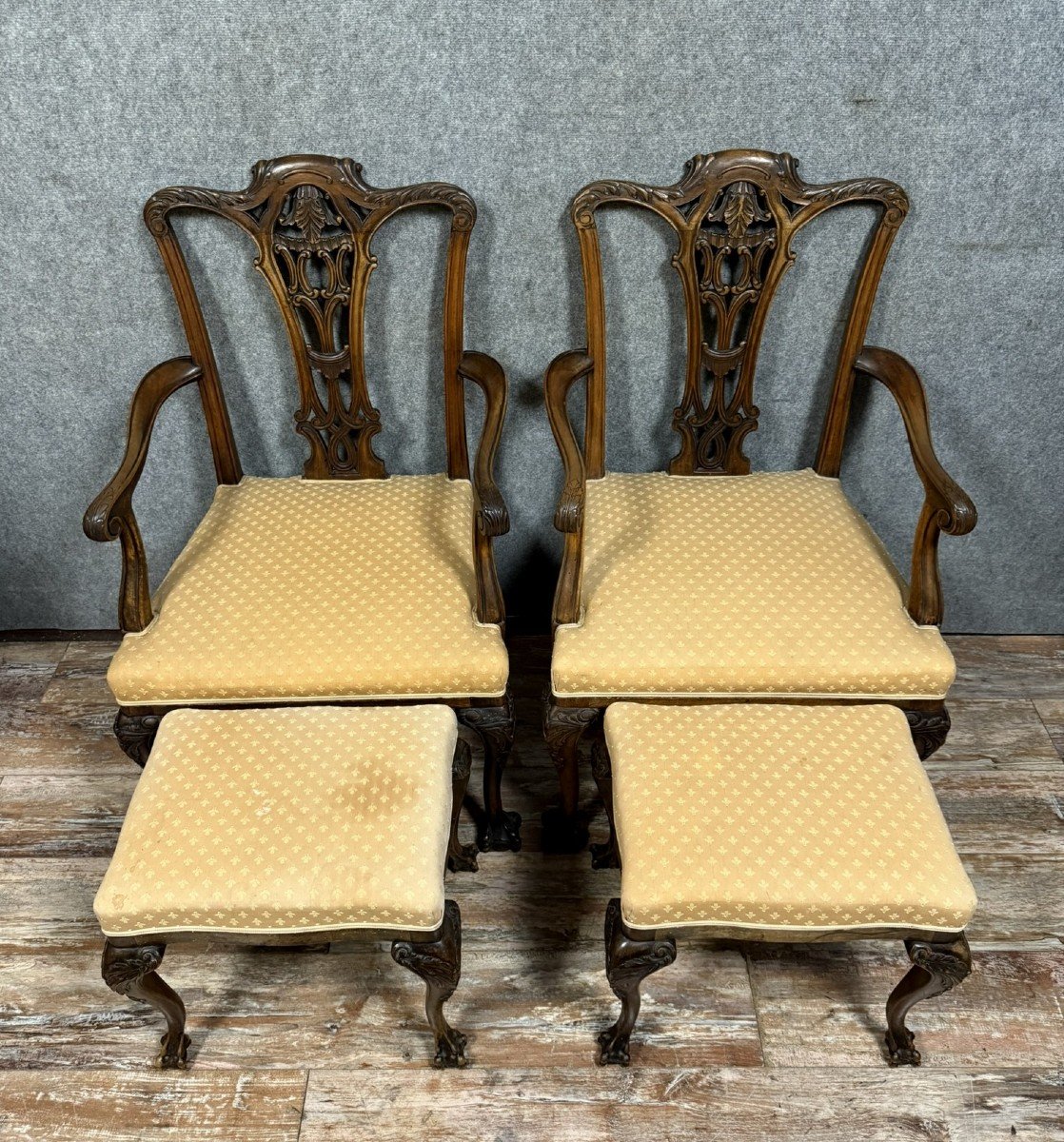 Pair Of English Armchairs With Mahogany Footrests 