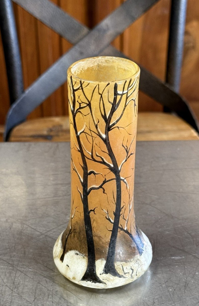 d'Aprés Legras : Vase En Verre émaillé à Décor d'Un Paysage Hivernal-photo-1