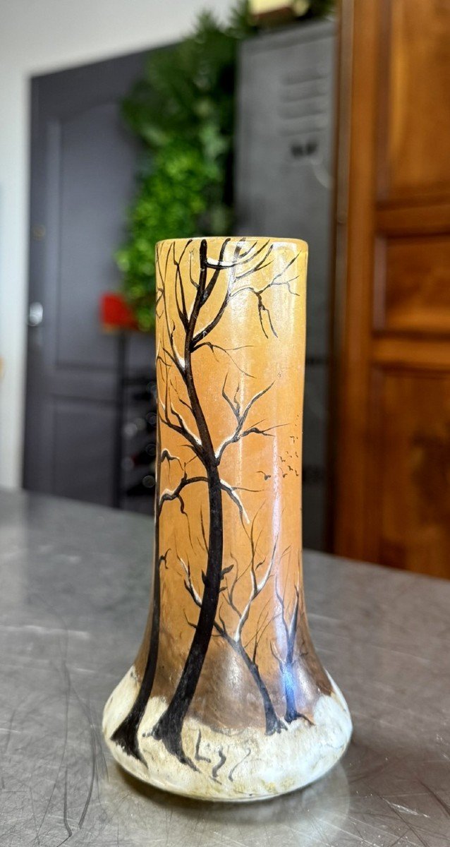 d'Aprés Legras : Vase En Verre émaillé à Décor d'Un Paysage Hivernal-photo-3