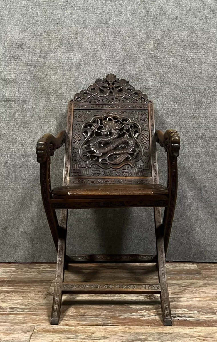 China 19th Century: Rare Folding Armchair In Carved Walnut  -photo-7
