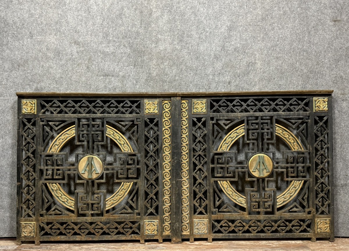 Pair Of Monogrammed Cast Iron Doors, Art Nouveau Period