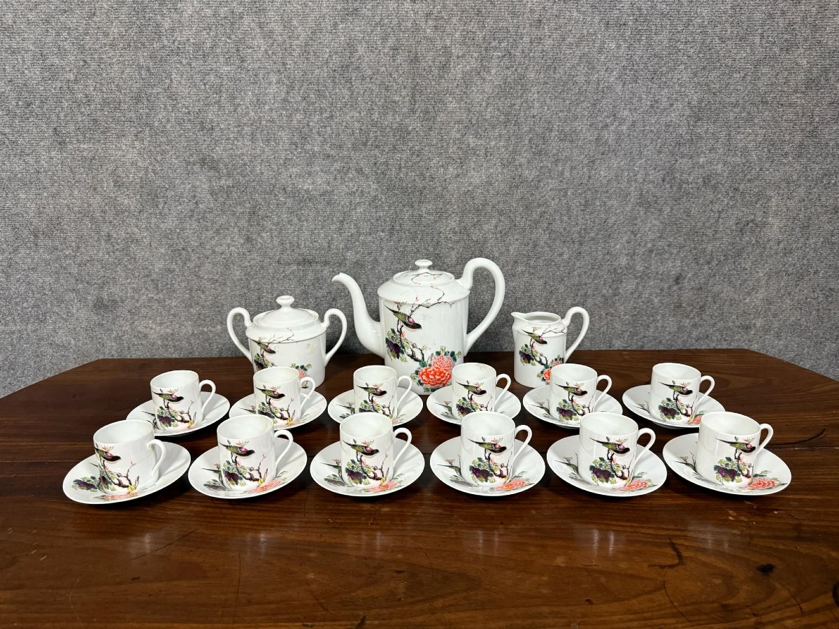 Service à Thé édition Limitée En Porcelaine De Limoges "oiseau Et Pivoine"  