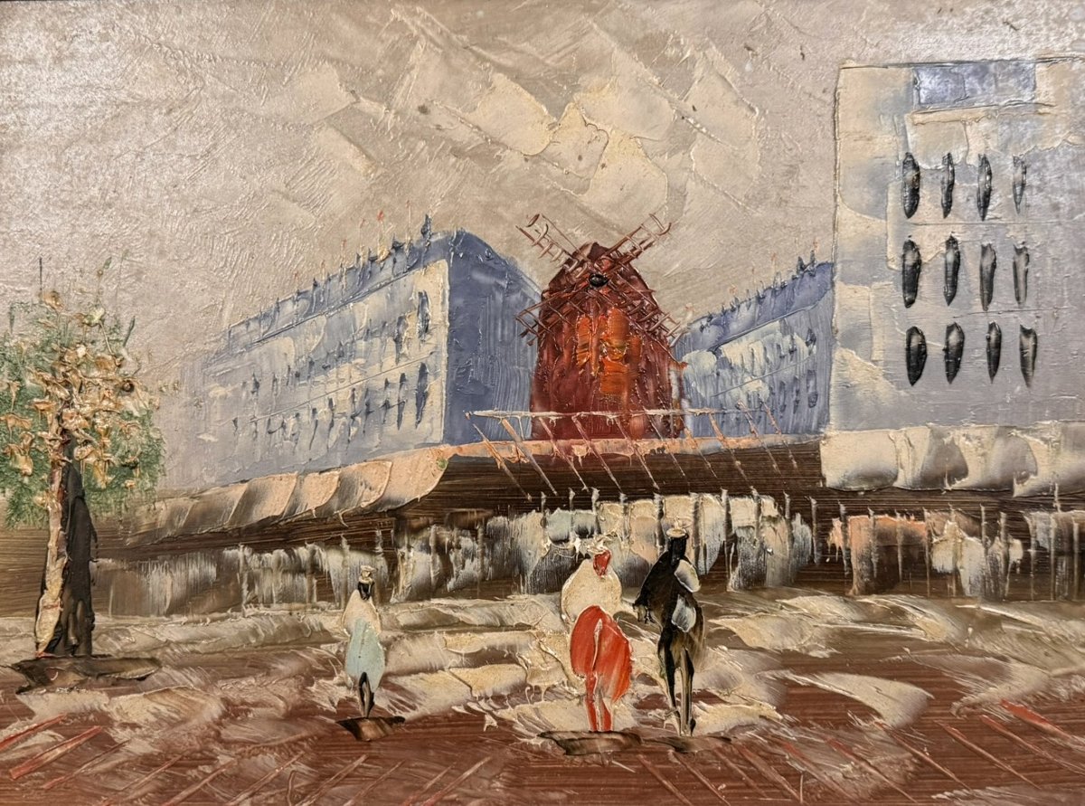 Tableau Huile Sur Panneau Représentant Le Moulin Rouge à Paris-photo-1