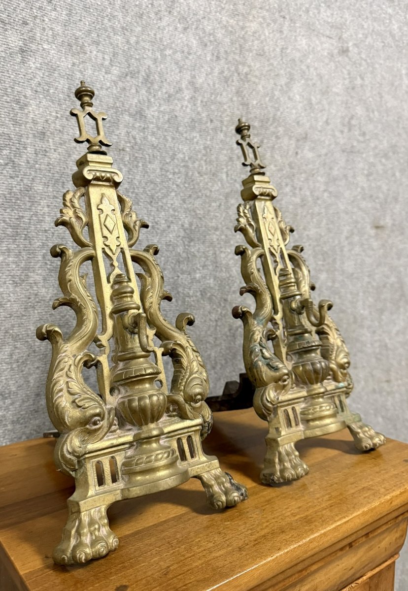 Pair Of Empire Period Dolphin Andirons In Gilt Bronze -photo-1