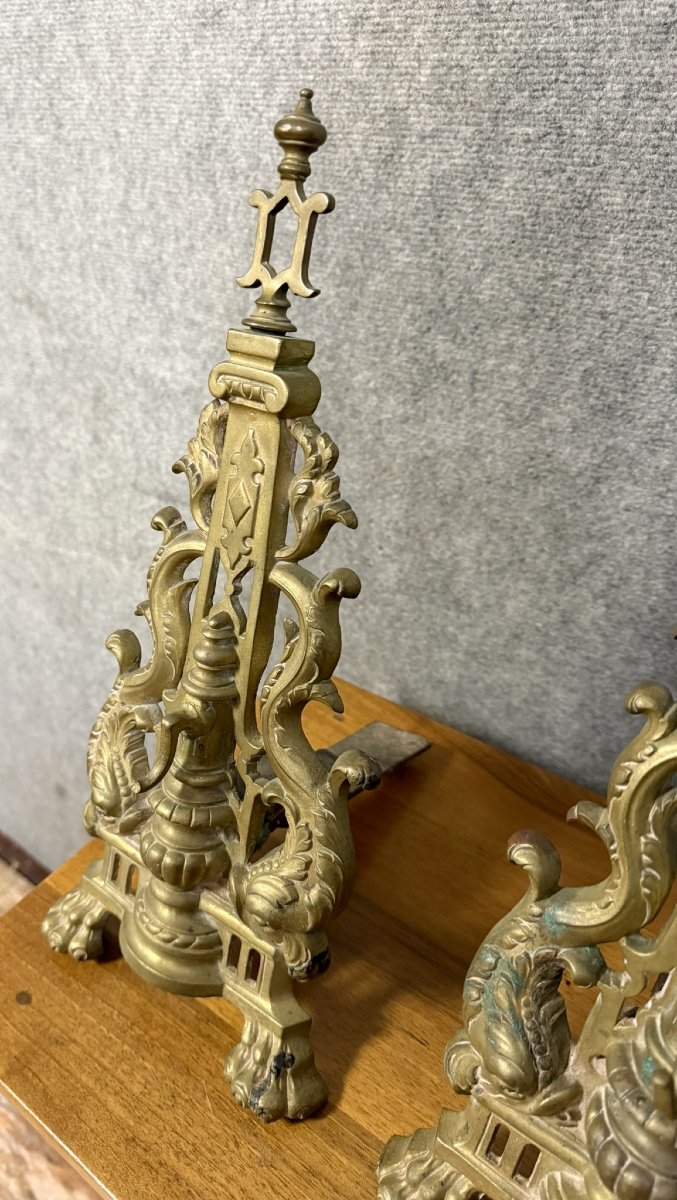 Pair Of Empire Period Dolphin Andirons In Gilt Bronze -photo-3