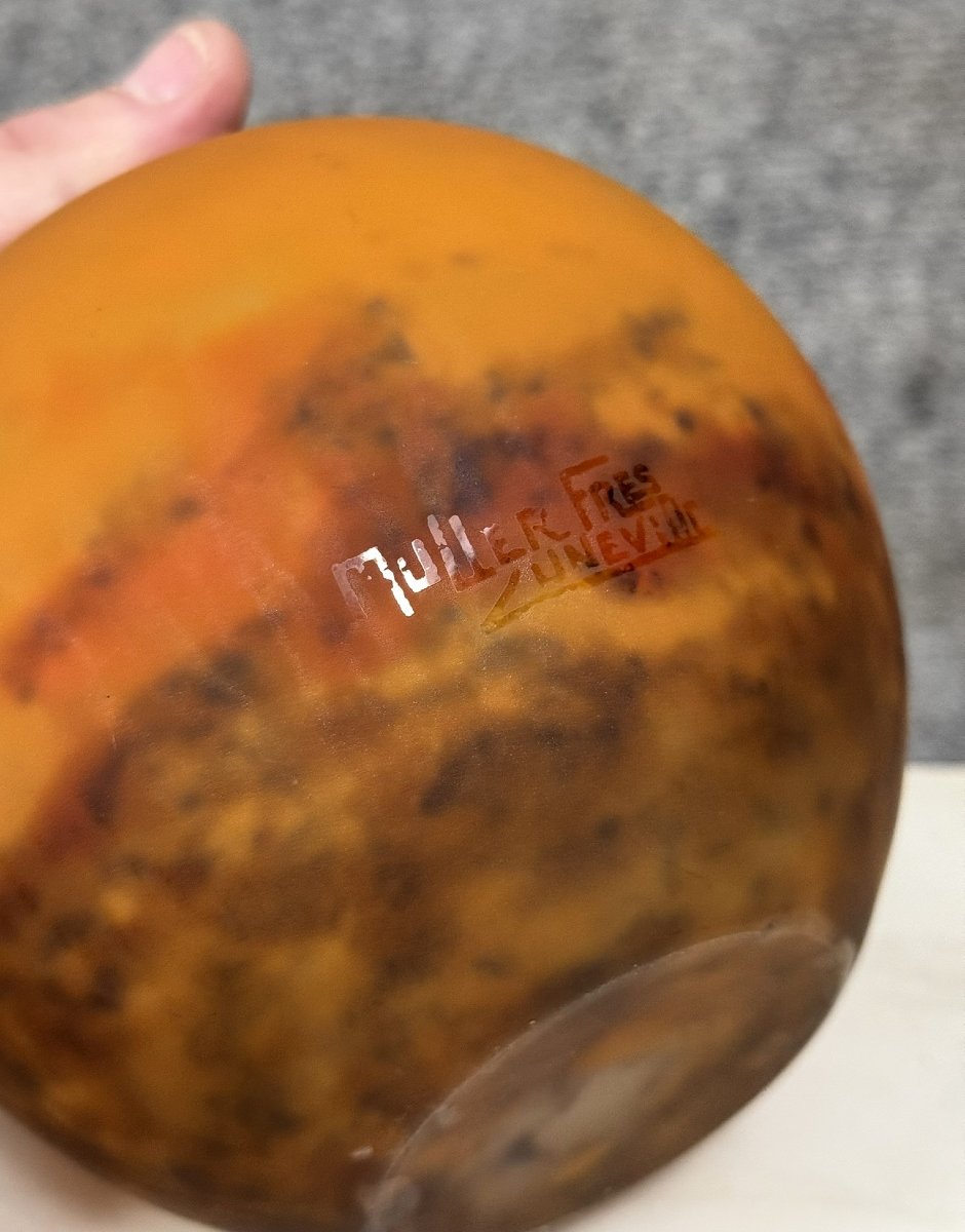 Muller Frères, Lunéville Petit Vase Boule à Col évasé En Verre Marmoréen Orangé Et Brun-photo-5