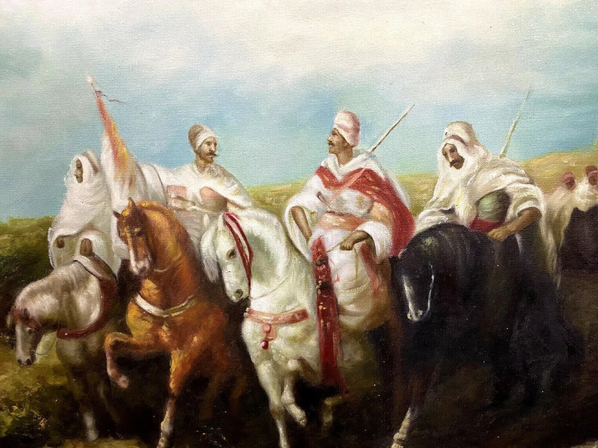 école Orientaliste : Martine Rivart (1956) Tableau Huile Sur Toile Les Cavaliers Du Désert-photo-3