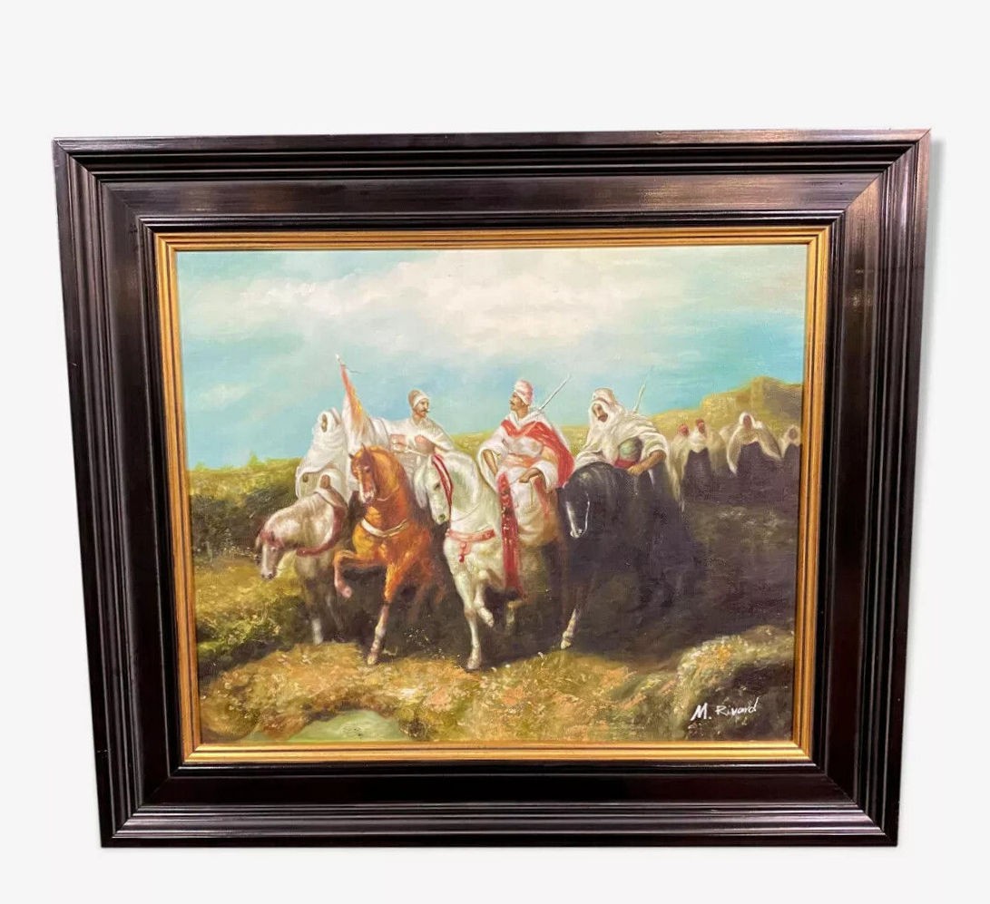 école Orientaliste : Martine Rivart (1956) Tableau Huile Sur Toile Les Cavaliers Du Désert