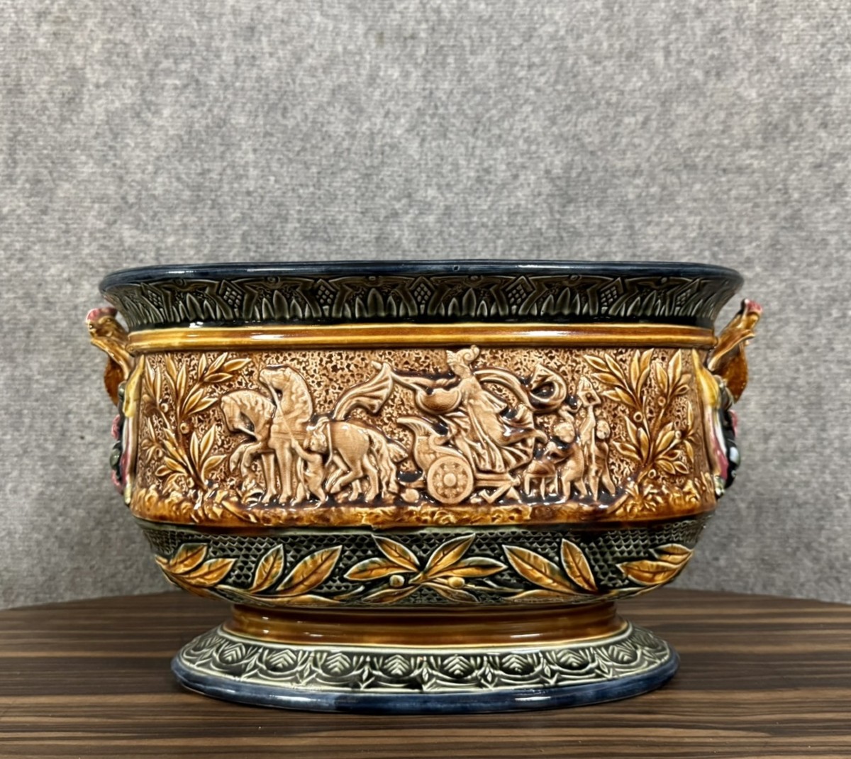Large Planter In Colored Slip With Antique Decoration 