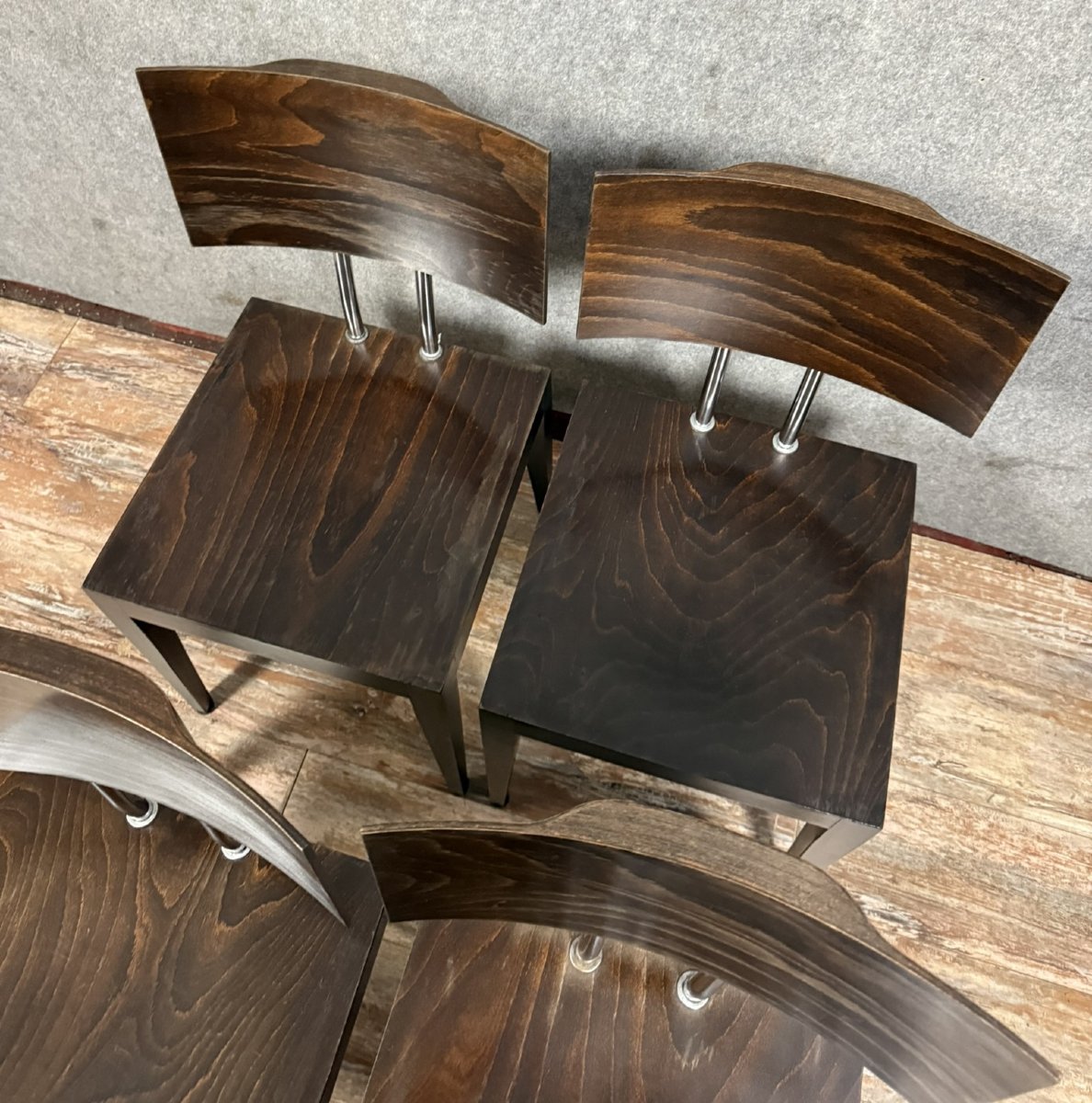 Set Of Four 1970's Design Chairs In Stained Grained Wood-photo-5