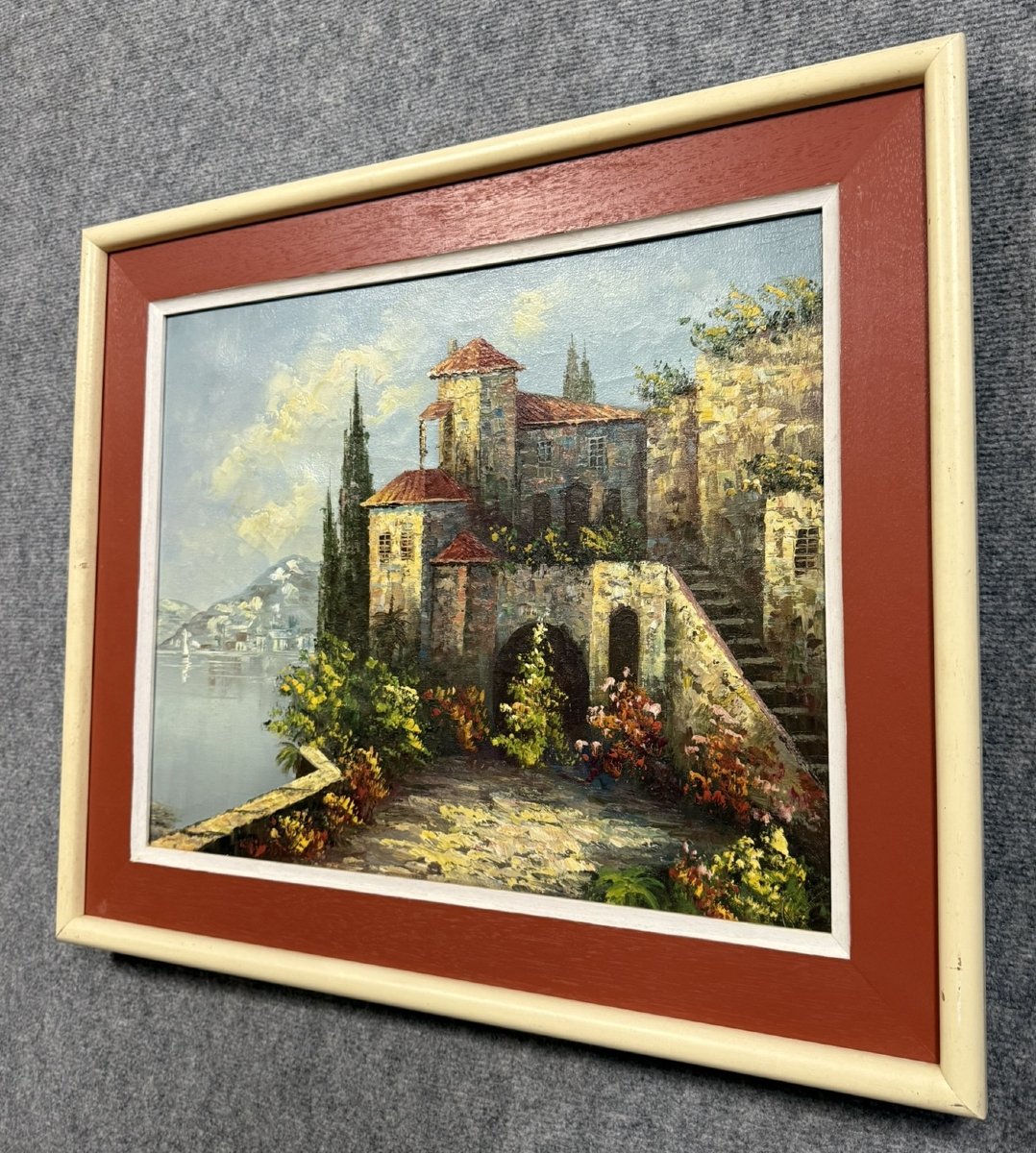Ecole Italienne : Tableau Chateau Au Bord d'Un Lac-photo-2