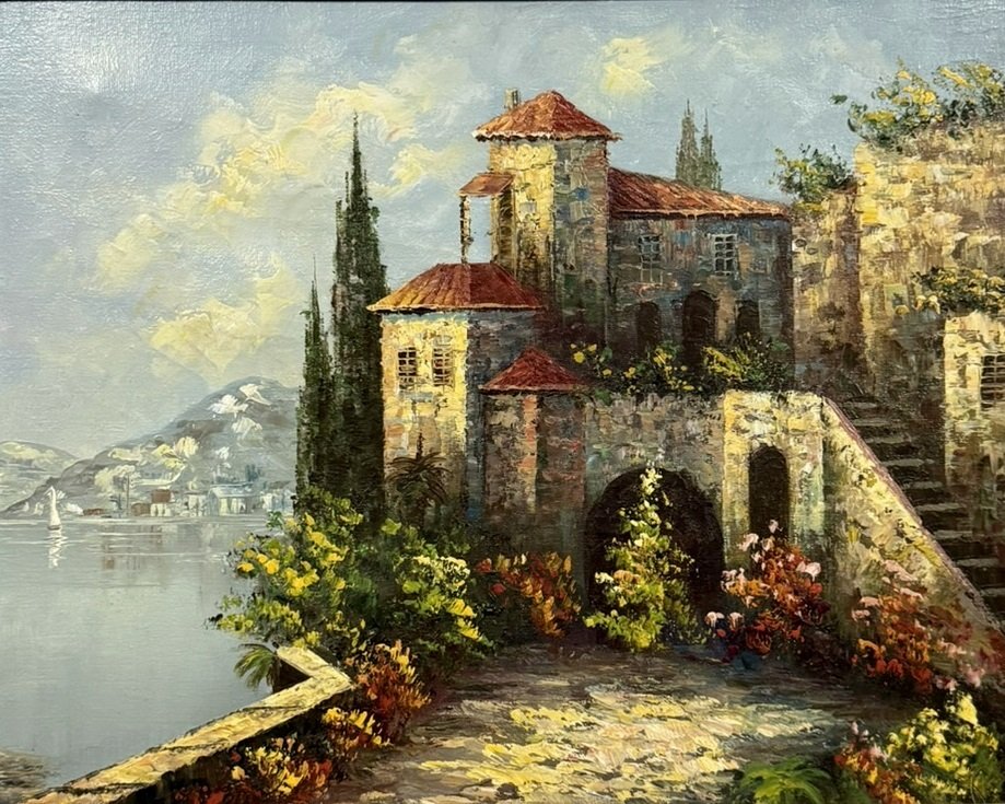 Ecole Italienne : Tableau Chateau Au Bord d'Un Lac-photo-4